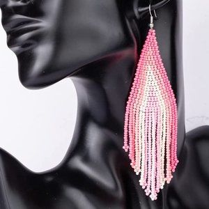 Long 4.5" Pink Striped Earrings Handmade Oversized Beaded Bohemian Seed Beads